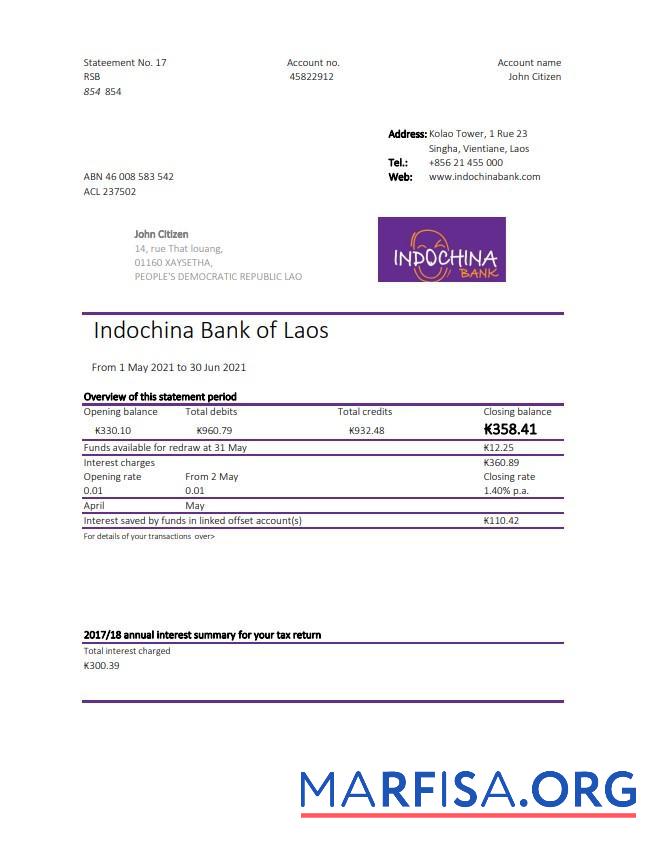 Downloadable Laos Indochina bank statement excel template